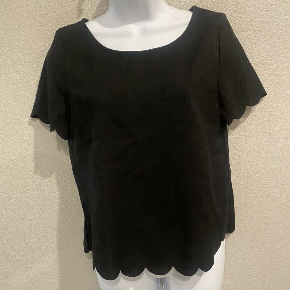 Scalloped Black Top Work Attire Office Blouse
